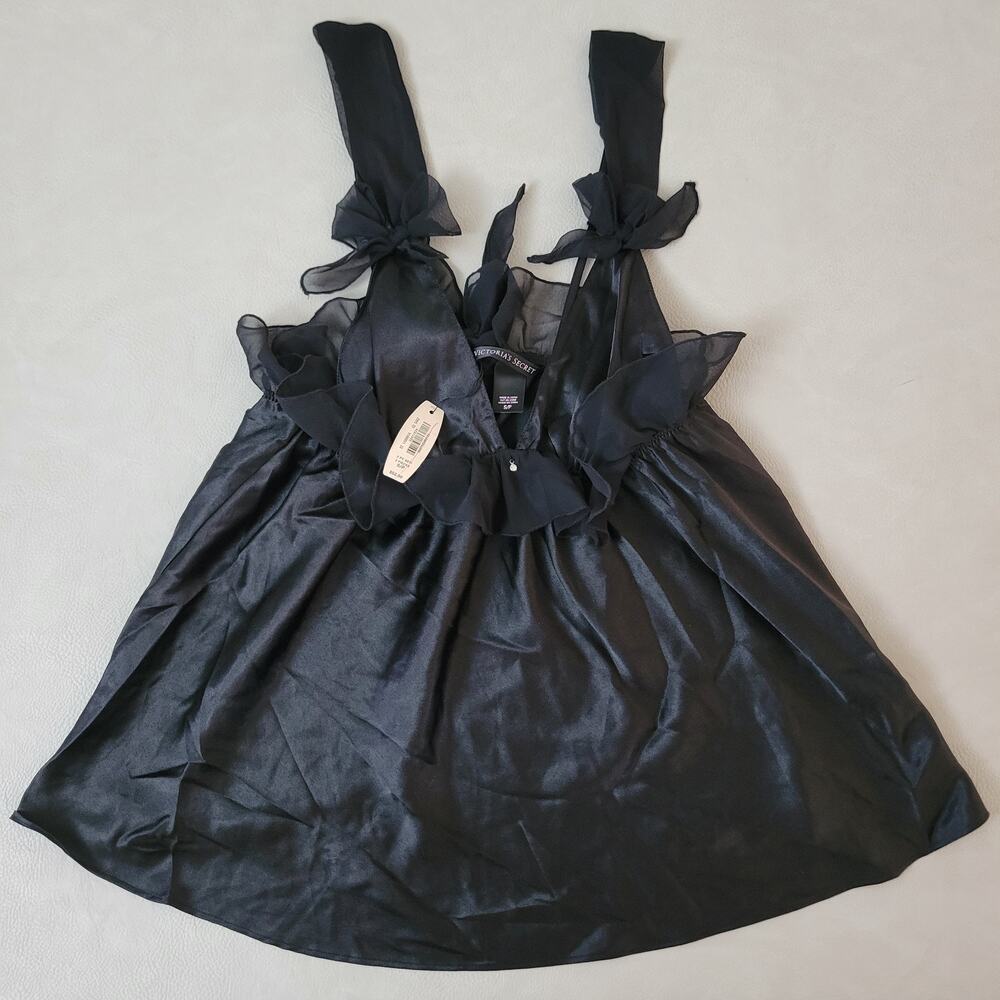 Vintage Victoria's Secret Black Satin Bows Baby doll Tank Top Lingerie Romantic
